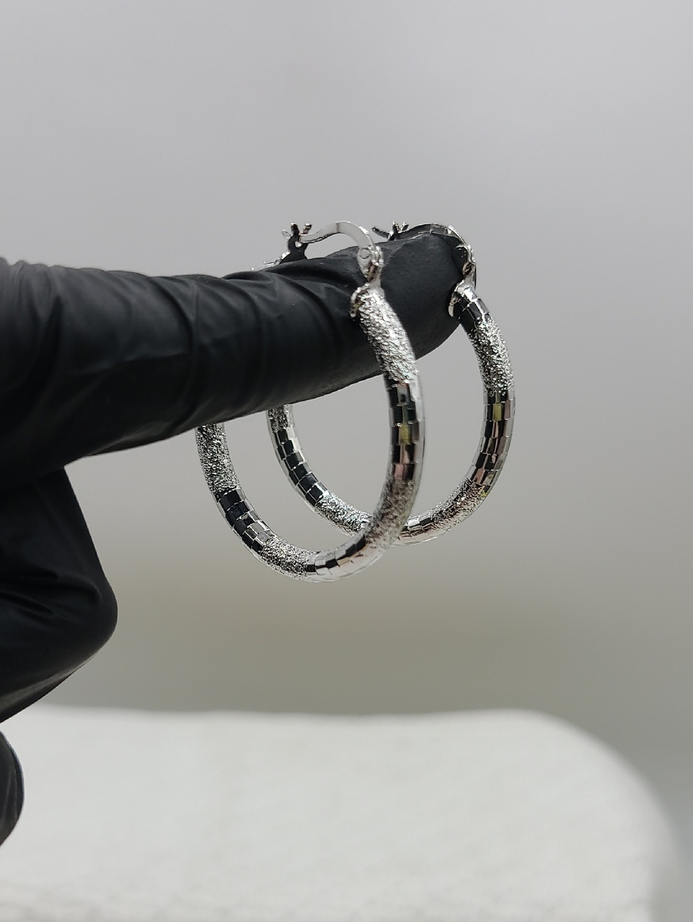 Silver Textured Hoop Earrings - Women Jewelry